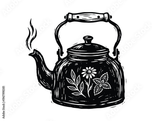 Black and white linocut style kettle illustration. Steaming hot water container with decorative flower.