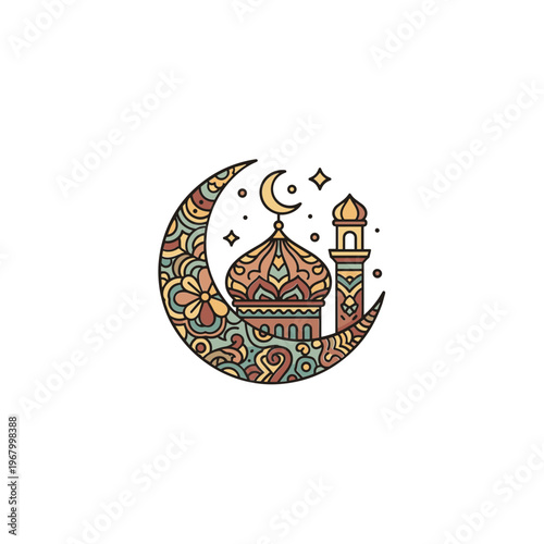 Islamic crescent moon with mosque illustration.