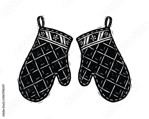 Black and white linocut illustration of oven mitts. Kitchenware for baking and cooking. Hand drawn style.