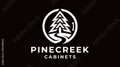 This logo showcases a stylized pine tree and winding river, symbolizing nature and craftsmanship, making it perfect for a cabinetry business or outdoor venture.
