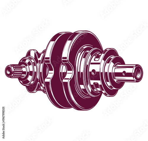 Maroon colored crankshaft component isolated on white background