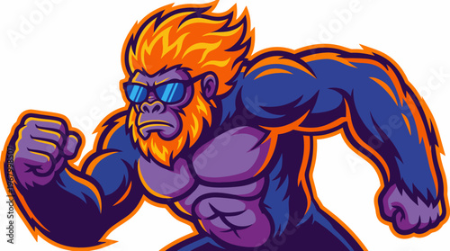 A muscular gorilla mascot running with intensity, designed with vibrant colors and bold outlines, ideal for team branding and sports merchandise.