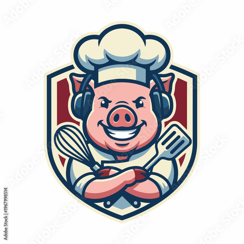 This logo features a cheerful chef pig holding a whisk and spatula, representing a fun and approachable culinary brand, perfect for food-related businesses.