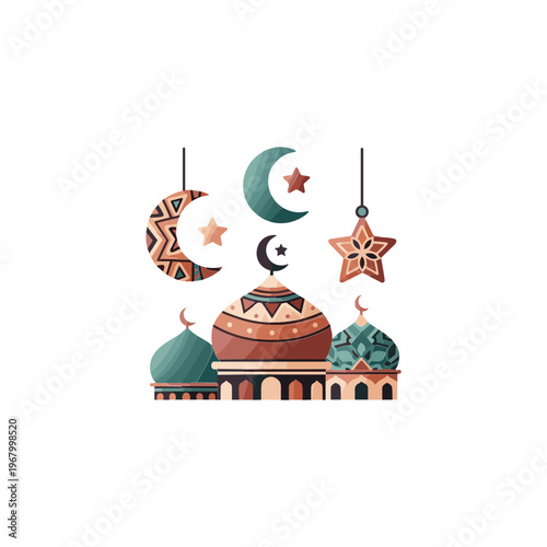 Islamic Mosque Domes Crescent Moon Stars.