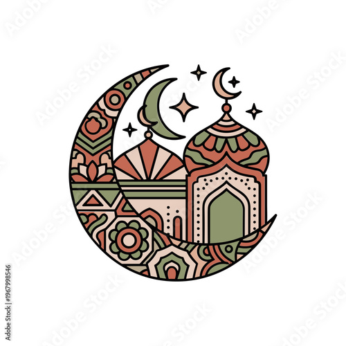 Islamic Mosque Illustration with Crescent Moon.
