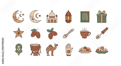Islamic Ramadan Kareem Symbols and Icons Set.