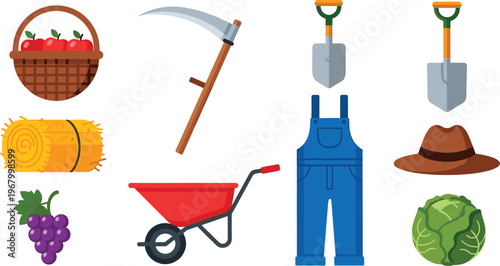 Farming Tools and Harvesting Equipment Icon Set Featuring Basket, Hay Bale, Shovel, Overalls, and Vegetables