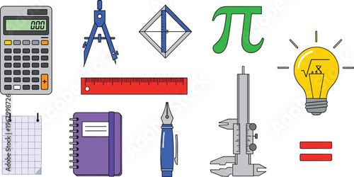 Mathematics and Science Tools Icon Set Featuring Calculator, Compass, Ruler, and Lightbulb for Education and Learning