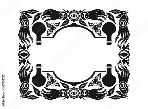 EPS Vector Mystical Frame Witchy Occult Border Celestial Hands Eye Potion Butterfly Ornate Symmetrical Silhouette Decor