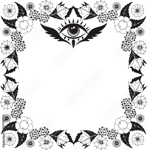 EPS Vector Gothic Border Mystical All Seeing Eye Aconitum Botanical Frame Occult Linework Tattoo Design Vintage