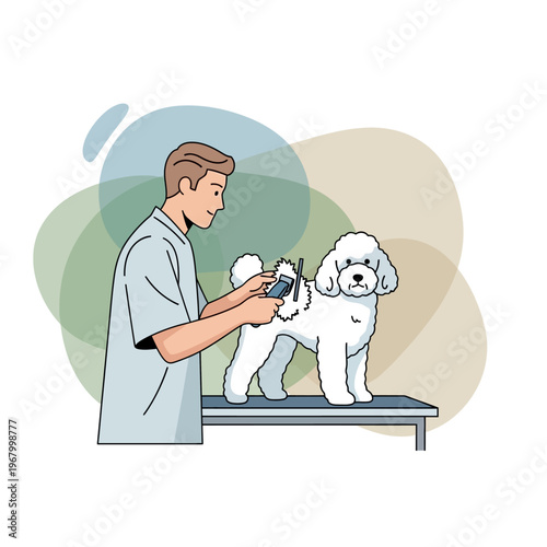 Groomer trimming a white poodle on a grooming table, pet care, professional grooming service