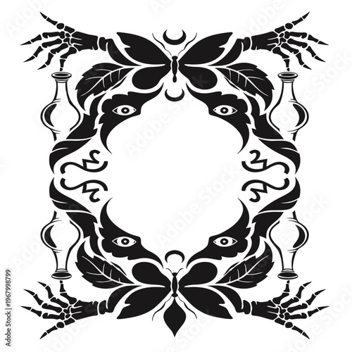 EPS Vector Mystical Occult Border Gothic Skeleton Hands Butterfly Eye Silhouette Ornamental Vintage Witchcraft Design