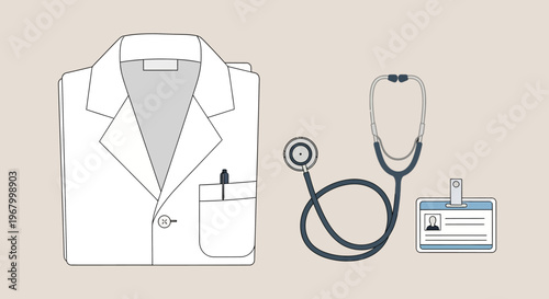 Medical doctor's white coat, stethoscope, and ID badge laid out for professional healthcare work