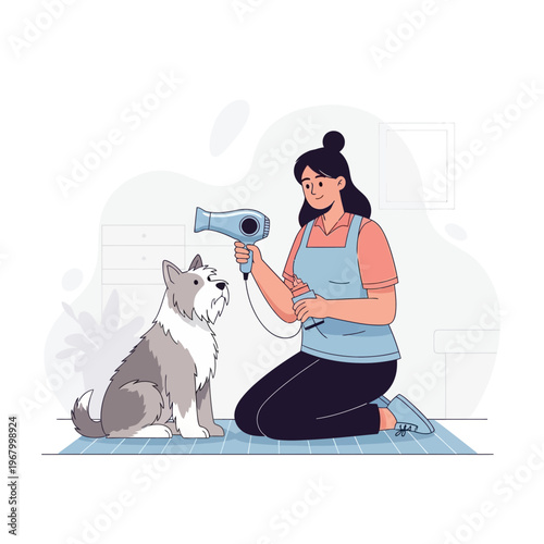Groomer drying a dog with a hairdryer after bath, pet care, grooming salon, happy dog