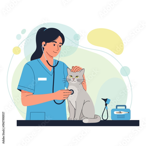 Veterinarian examining a grey cat with a stethoscope, medical equipment on table