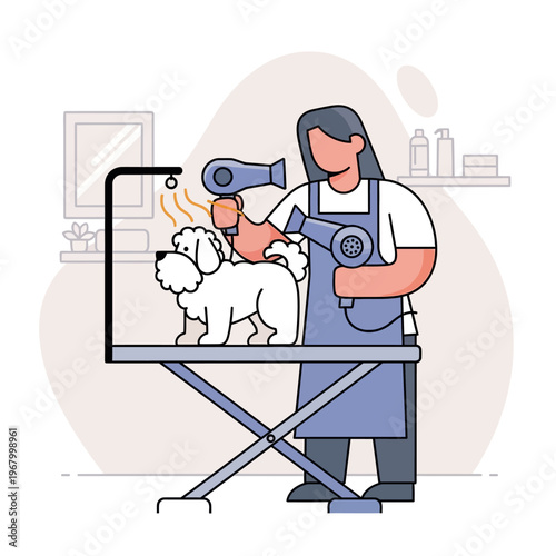 Groomer drying fluffy white dog with hairdryer on grooming table in salon