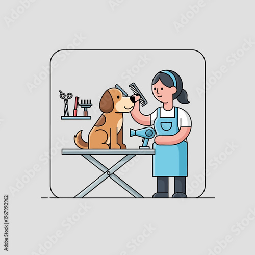 Professional dog groomer styling a happy dog with hairdryer and comb on a grooming table