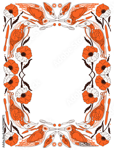 EPS Vector Border Symmetrical Poppy Bird Frame Folk Art Anatomical Illustration Orange Black Vintage Decorative Header