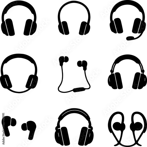 black silhouette icons of various headphones and earbuds