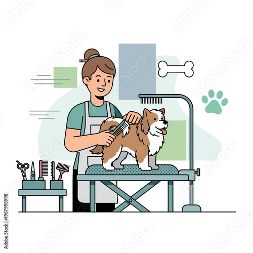 Professional groomer brushing a happy dog on a grooming table, pet care services, grooming salon