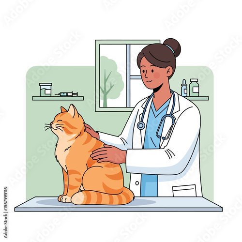 Veterinarian examining an orange cat in a clinic, medical care for pets