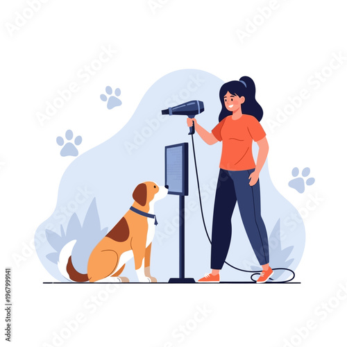 Dog grooming: groomer drying a dog with a hairdryer after bath, pet care, professional service