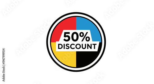 Discount label with colorful pie chart.