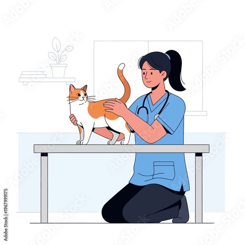 Veterinarian examining a cat on a table, clinic interior, caring for pet health