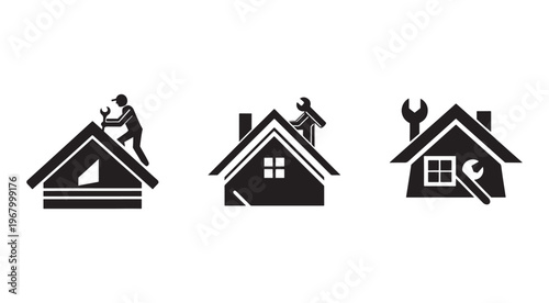 Black and white icons of houses with tools and workers on roofs for construction and repair services  home maintenance and renovation concepts