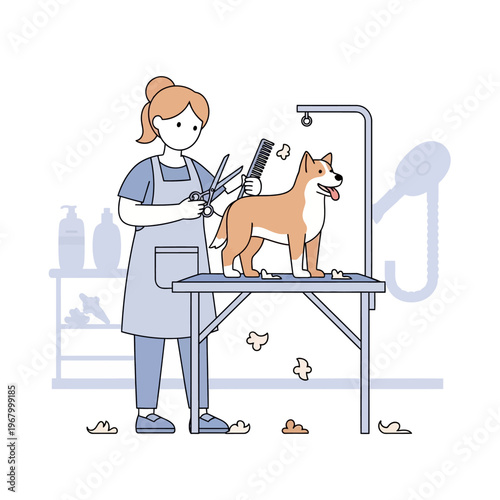 Dog grooming, professional groomer trimming a cute dog on a grooming table, pet care concept