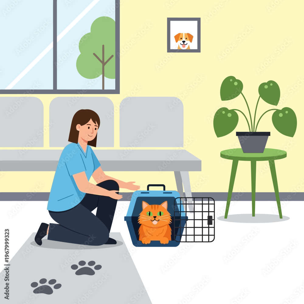 Fototapeta premium Woman with cat in carrier at vet clinic waiting room, pet care concept