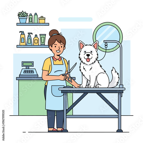 Professional groomer cutting fluffy white dog's hair on grooming table with scissors