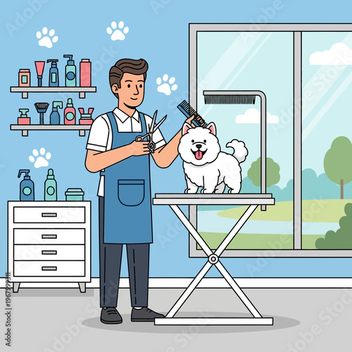 Professional groomer trimming a fluffy white dog on a grooming table in a salon
