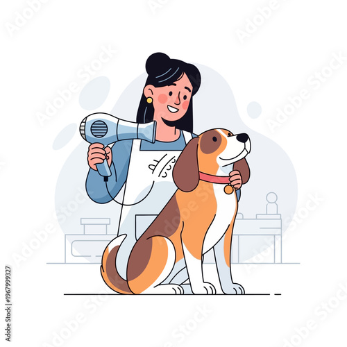 Happy dog being blow-dried by groomer in pet salon, professional grooming service