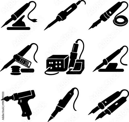 black and white set of soldering iron tools icons
