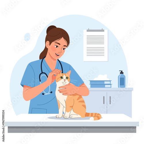 Veterinarian examining a ginger cat in a clinic, caring for pet health