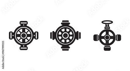 Black and white icons of industrial valves with round bodies and handles on white background for engineering and equipment designs