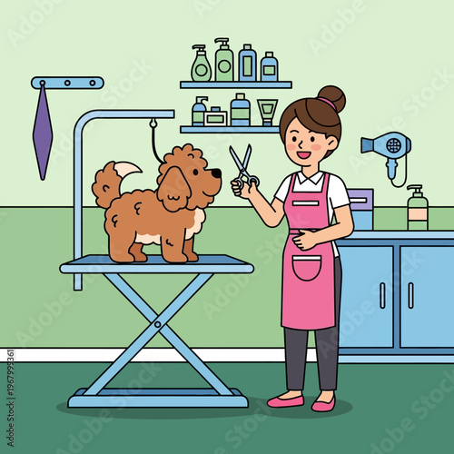 Happy dog getting groomed by a professional groomer with scissors and dryer in salon