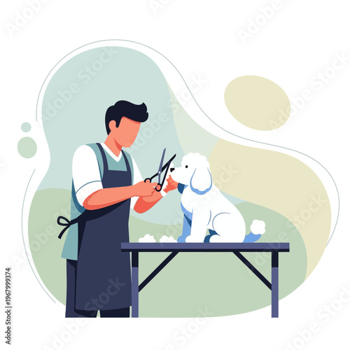 Groomer cutting white dog's hair on grooming table, professional pet care