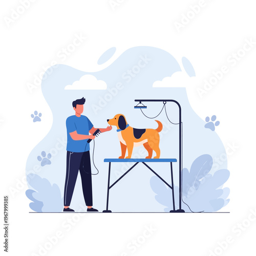 Dog grooming, professional pet care, canine hygiene, grooming table, stylist with dog