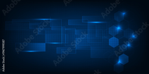 Vector illustrations of bright glowing blue hexagonal and plane network pattern for digital hi tech artwork and background.