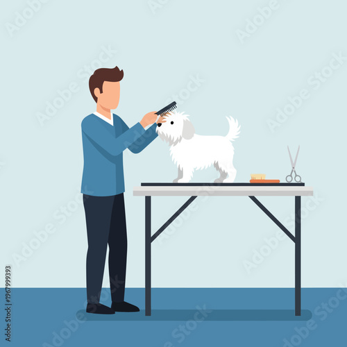 Groomer Brushing White Dog on Table with Scissors and Brush