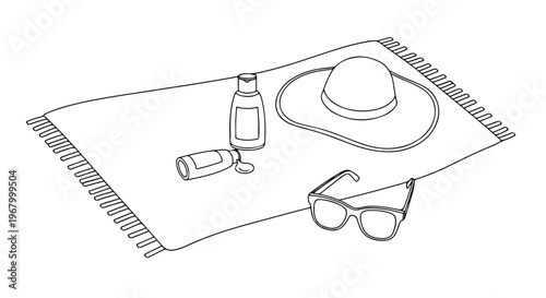 Minimalist beach accessories line art vector, summer vacation essentials on a fringed towel, sun protection hat with sunglasses and lotion bottles