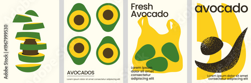 Modern Set of Minimalist Avocado Fruit Posters with Abstract Geometric Shapes and Grainy Texture.
