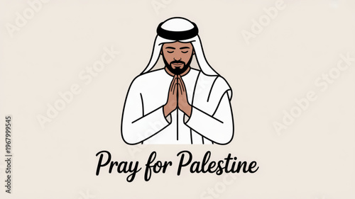 Man in traditional middle eastern attire praying with hands clasped in front of face beige background pray for palestine text