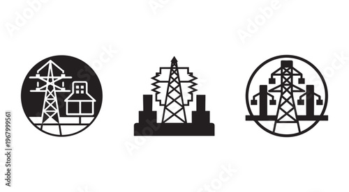 Black and white icons of power transmission towers and industrial buildings for energy infrastructure concepts  electricity pylons and city skylines in simple line style
