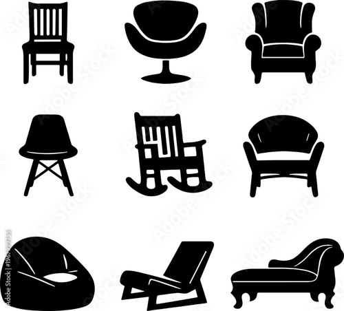 black silhouettes of various chair types on white