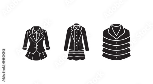 Black and white illustrations of different school uniforms for girls  various styles and designs  skirts and jackets