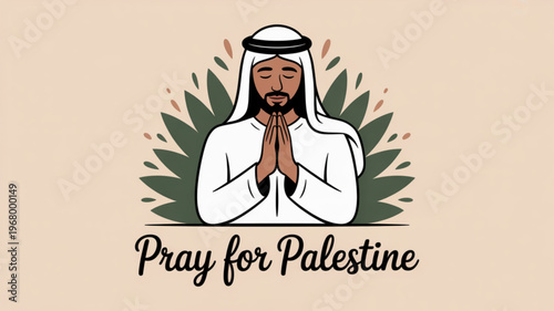 Man in white traditional middle eastern attire praying with hands clasped in front of face green leaves and pink accents behind beige background pray for palestine text