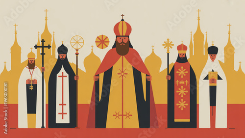 Group of orthodox priests and bishops in traditional attire standing in front of a church skyline at sunset